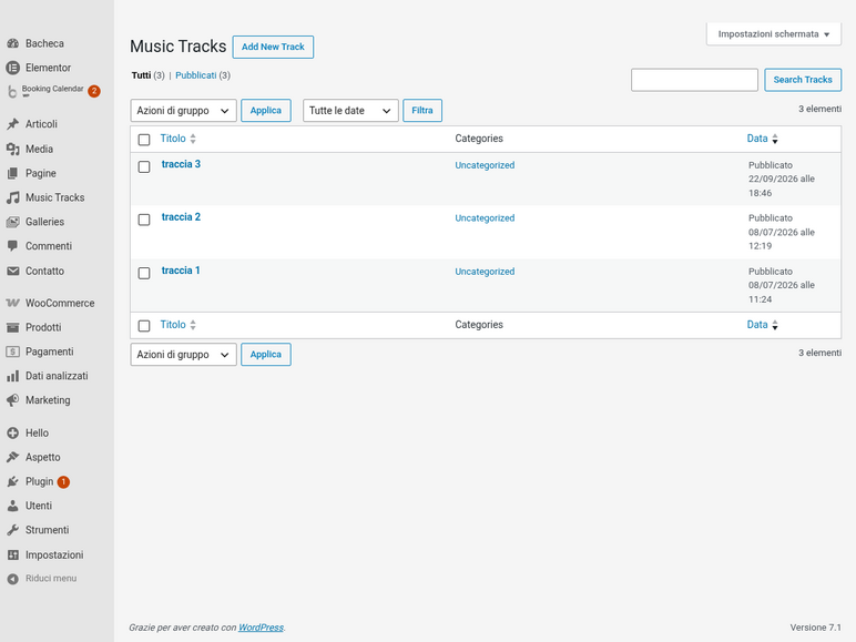 Music Tracks admin list table with search, filters and bulk actions