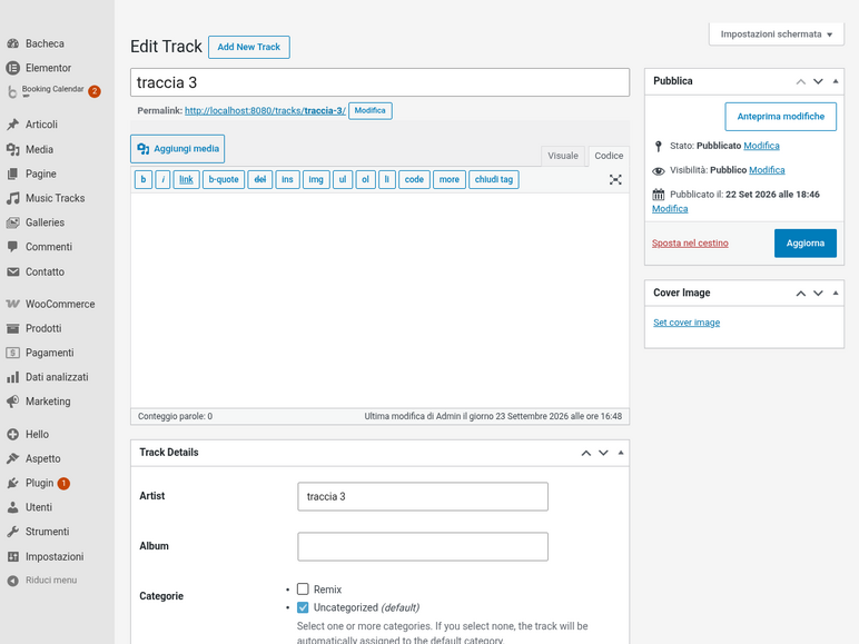 Music Tracks track editor with Track Details meta box, categories and cover image