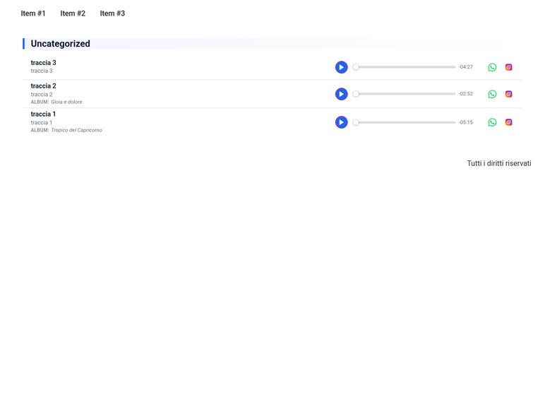 Music Tracks frontend output grouped by category with Plyr players and share buttons