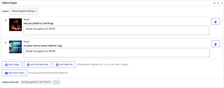 Sonido Gallery meta box with sortable image list and caption editor